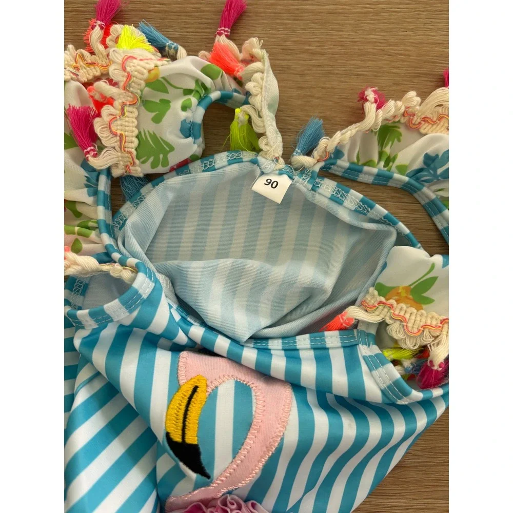 Toddler Girls Flamingo Striped One Piece Swimsuit Tassels Ruffles Blue White 2t